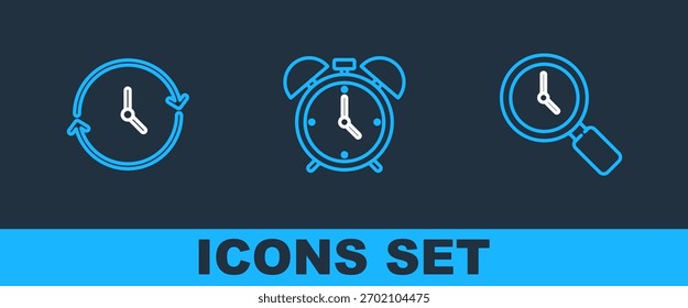 Set line Magnifying glass with clock, Clock and Alarm icon. Vector