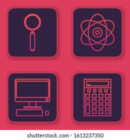 Set line Magnifying glass, Computer monitor with keyboard and mouse, Atom and Calculator. Blue square button. Vector