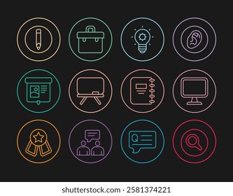 Set line Magnifying glass, Computer monitor, Light bulb, Chalkboard, Projection screen, Pencil, Notebook and Briefcase icon. Vector