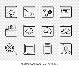 Set line Magnifying glass and delete, Server, Data, Browser window, Laptop with browser, Cloud download, Mobile phone and Digital speed meter icon. Vector