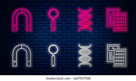 Set line Magnifying glass, DNA symbol, Magnet and Pills in blister pack. Glowing neon icon on brick wall. Vector