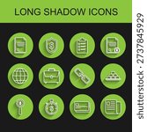 Set line Magnifying glass and dollar symbol, Time is money, File document, Credit card, Briefcase, Gold bars and Chain link icon. Vector
