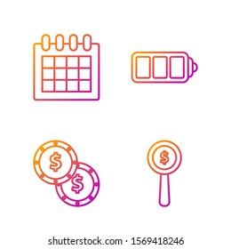Set line Magnifying glass and dollar symbol, Coin money with dollar symbol, Calendar and Battery charge level indicator. Gradient color icons. Vector