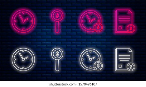 Set line Magnifying glass and dollar symbol, Time is money, Clock and Finance document. Glowing neon icon on brick wall. Vector