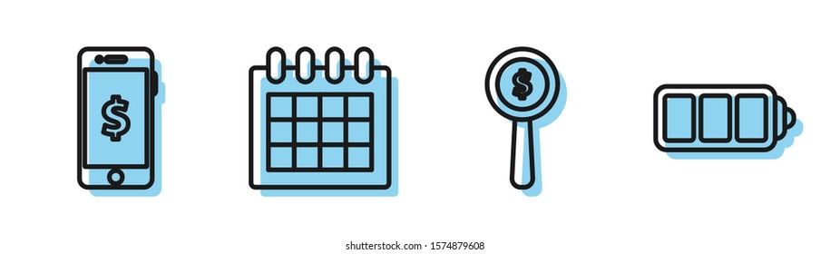 Set line Magnifying glass and dollar symbol, Smartphone with dollar symbol, Calendar and Battery charge level indicator icon. Vector