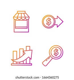 Set line Magnifying glass and dollar, Financial growth and coin, Shopping building or market store and Coin money with dollar symbol. Gradient color icons. Vector