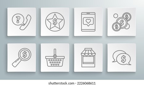 Set line Magnifying glass and dollar, Star, Shopping basket, building or market store, Speech bubble with, Mobile phone like heart, Coin money and Telephone handset speech chat icon. Vector