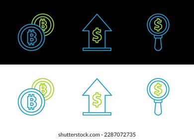 Set line Magnifying glass and dollar, Cryptocurrency coin Bitcoin and Financial growth icon. Vector