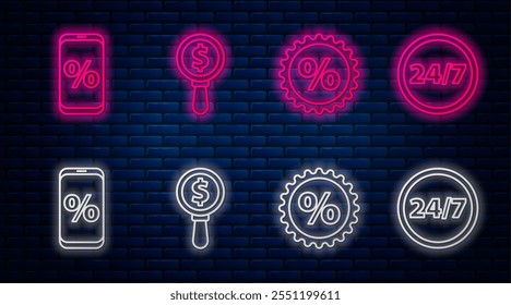 Set line Magnifying glass and dollar, Discount percent tag, Percent discount and mobile and Clock 24 hours. Glowing neon icon on brick wall. Vector