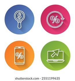 Set line Magnifying glass and dollar, Discount percent tag, Percent discount and mobile and Laptop and cursor. Color circle button. Vector