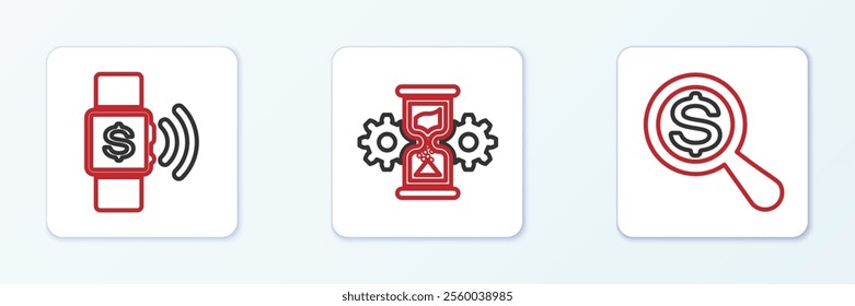 Set line Magnifying glass and dollar, Contactless payment and Hourglass gear icon. Vector