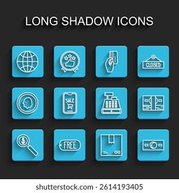 Set line Magnifying glass and dollar, Worldwide, Cardboard box traffic symbol, Paper money cash, Mobile phone shopping cart, Stacks paper and Cash register machine icon. Vector
