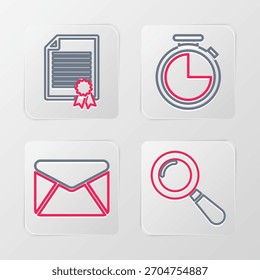 Set línea Lupa, sobre, cronómetro e ícono de Plantilla de certificado. Vector