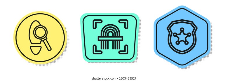 Set line Magnifying glass with footsteps, Fingerprint and Police badge. Colored shapes. Vector