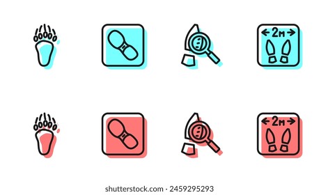 Set line Magnifying glass with footsteps, Bear paw footprint, Human footprints shoes and Safe distance icon. Vector