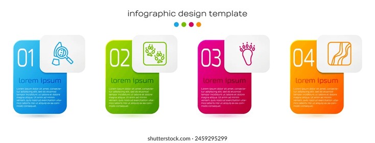 Set line Magnifying glass with footsteps, Fox paw footprint, Bear and Snake. Business infographic template. Vector