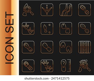 Set line Magnifying glass with footsteps, Tire track, Human footprints shoes, Snake paw, Goose,  and Camel icon. Vector