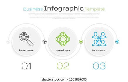 Set line Magnifying glass and gear, Project team base and Project team base. Business infographic template. Vector