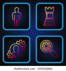 Set line Magnifying glass and gear, Human with gear inside, User of man in business suit and Business strategy. Gradient color icons. Vector