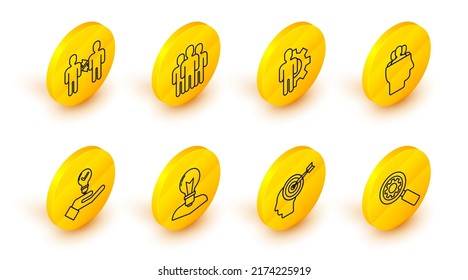 Set line Magnifying glass and gear, Head hunting concept, Human head with lamp bulb, Light hand, Project team base, inside, Users group and  icon. Vector