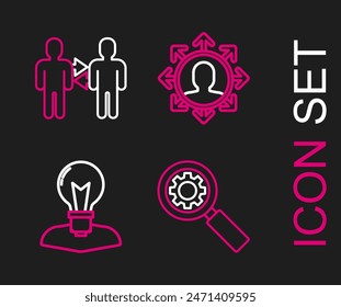 Set line Magnifying glass and gear, Human head with lamp bulb, Project team base and  icon. Vector
