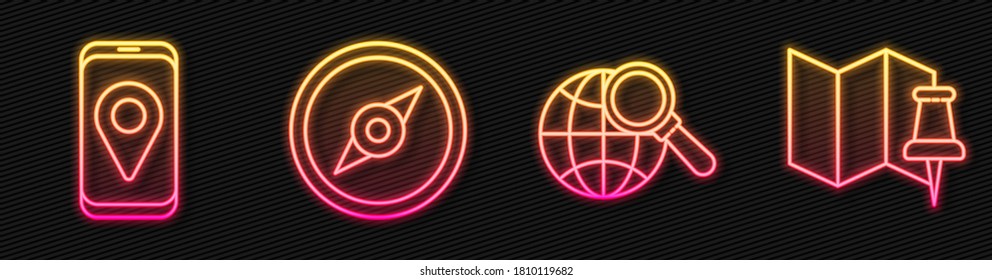 Set line Magnifying glass mit globe, Stadtplan Navigation, Kompass und geflochtene Karte mit Push-Pin. Leuchtendes Neonsymbol. Vektorgrafik