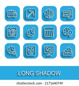 Set line Magnifying glass with globe, Archeology, Mining dump truck, Soil analysis, Ore mining, Location on the, Global planet bulb and Ground icon. Vector