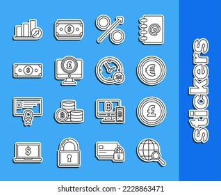 Set line Magnifying glass with globe, Computer monitor, Stacks paper cash, Presentation financial graph, schedule, chart, diagram, infographic, pie graph and Clock 24 hours icon. Vector