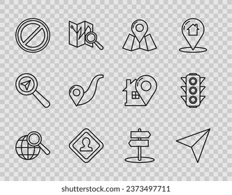 Set line Magnifying glass with globe, Paper airplane, Folded map location marker, Road traffic sign, Stop, Route,  and Traffic light icon. Vector