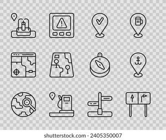 Set line Magnifying glass with globe, Road traffic sign, Location check mark, and gas station, fountain, City map navigation,  and anchor icon. Vector