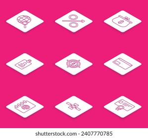 Set line Magnifying glass with globe, Percent up arrow, Wallet dollar symbol, Identification badge, Target, Envelope, Address book and Business hierarchy organogram chart infographics icon. Vector