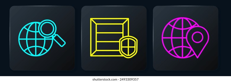 Set line Magnifying glass with globe, Location on the globe and Delivery pack security with shield. Black square button. Vector