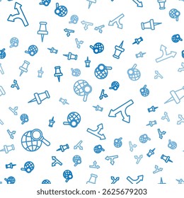 Set line Magnifying glass with globe, Road traffic sign and Push pin on seamless pattern. Vector