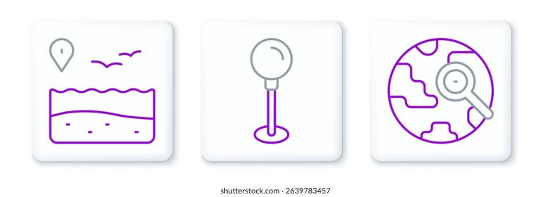 Set line Magnifying glass with globe, Location beach and Push pin icon. Vector