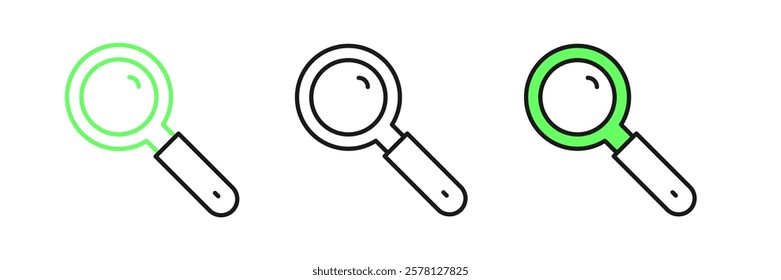 Set line Magnifying glass icon isolated on white background. Search, focus, zoom, business symbol.  Vector