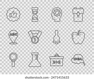 Set line Magnifying glass, Idea, speech bubble, Head with gear inside, Test tube and flask, Hand thumb up, Medal, Chalkboard and Apple icon. Vector