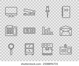 Set line Magnifying glass, Identification badge, Push pin, Drawer with documents, Computer monitor screen, Digital alarm clock, Coffee machine and Envelope icon. Vector