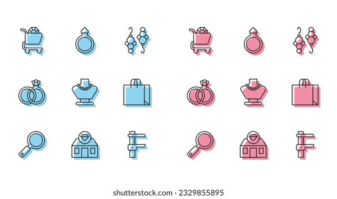 Set line Magnifying glass, Jewelry store, online shopping, Calliper caliper and scale, Necklace mannequin, Shopping bag jewelry, Wedding rings and Diamond engagement icon. Vector