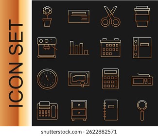 Set line Magnifying glass, Keyboard, Office folders, Scissors, Pie chart infographic, Coffee machine, Flower pot and Calendar icon. Vector