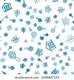 Set line Magnifying glass with leaf, Farm house and Leaf or leaves on seamless pattern. Vector
