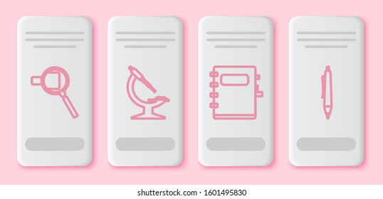 Set line Magnifying glass, Microscope, Notebook and Pen. White rectangle button. Vector