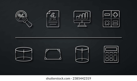 Set line Magnifying glass with percent, Geometric figure Cylinder, Calculator, Acute trapezoid shape, Function mathematical symbol,  and Computer monitor graph chart icon. Vector