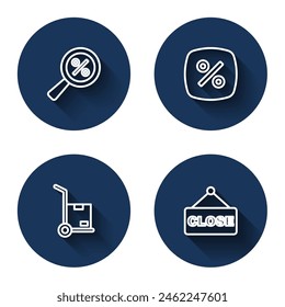 Set line Magnifying glass with percent, Discount tag, Hand truck and boxes and Hanging sign text Closed with long shadow. Blue circle button. Vector
