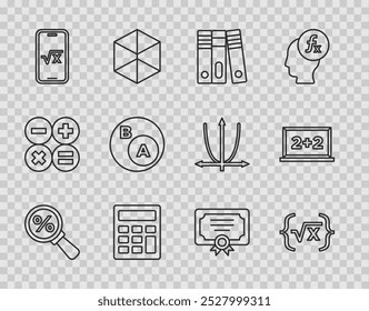 Set line Magnifying glass with percent, Square root of x glyph, Office folders, Calculator, Subsets, math, is subset b, Certificate template and Chalkboard icon. Vector