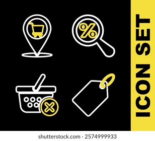 Set line Magnifying glass with percent, Label template price tag, Remove shopping basket and Location cart icon. Vector