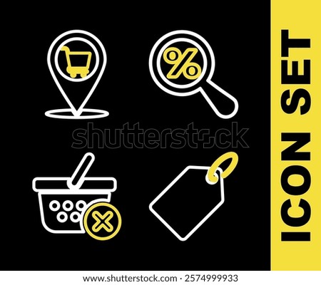 Set line Magnifying glass with percent, Label template price tag, Remove shopping basket and Location cart icon. Vector