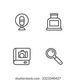 Set line Magnifying glass, Photo album gallery, Microphone and Inkwell icon. Vector