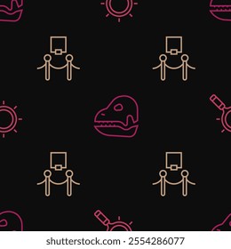 Set line Magnifying glass, Picture and rope barrier and Dinosaur skull on seamless pattern. Vector