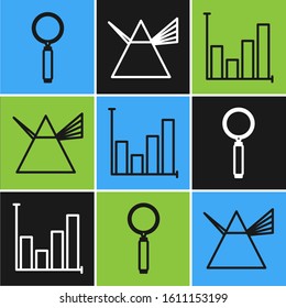 Set line Magnifying glass, Pie chart infographic and Light rays in prism icon. Vector
