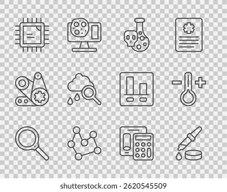 Set line Magnifying glass, Pipette, Test tube with toxic liquid, Chemical formula, Processor CPU, Cloud rain, Calculator and Thermometer icon. Vector
